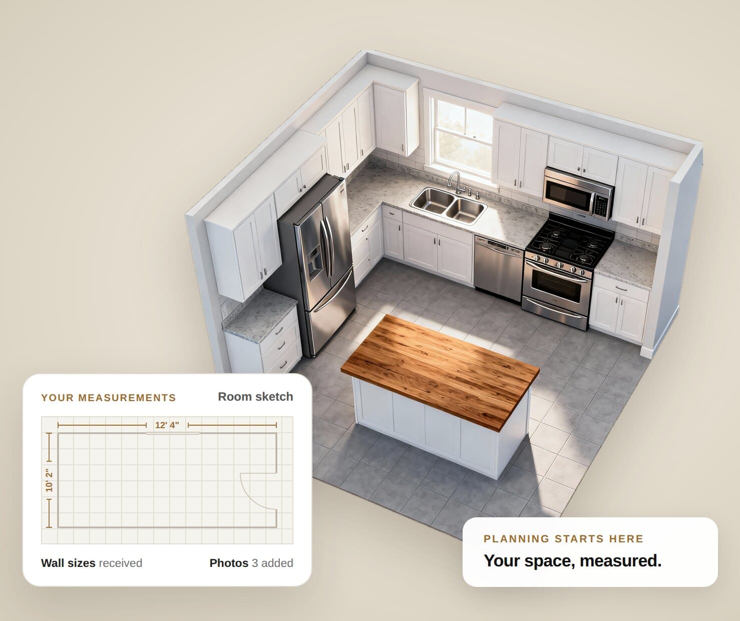 3D render of a white shaker kitchen with a butcher-block island, with a room sketch showing the wall measurements