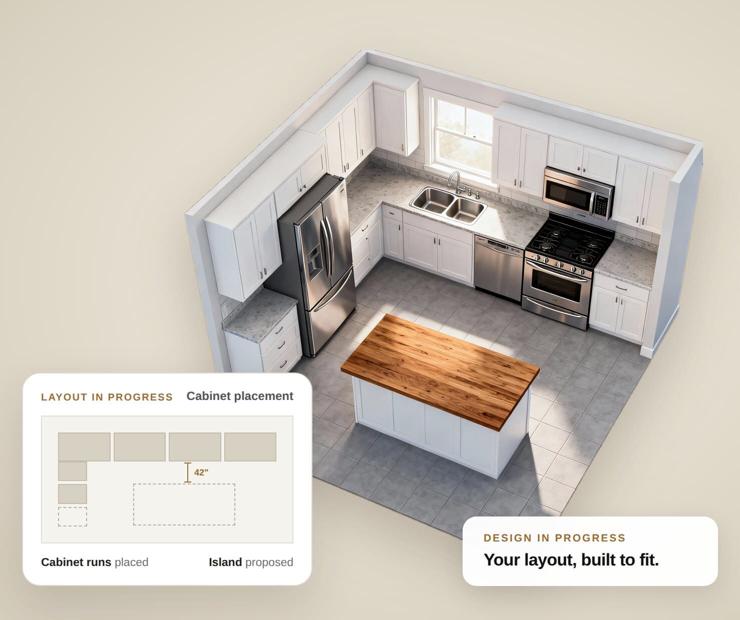 3D render of a white shaker kitchen with a butcher-block island, with a plan showing the cabinet runs placed and the island proposed