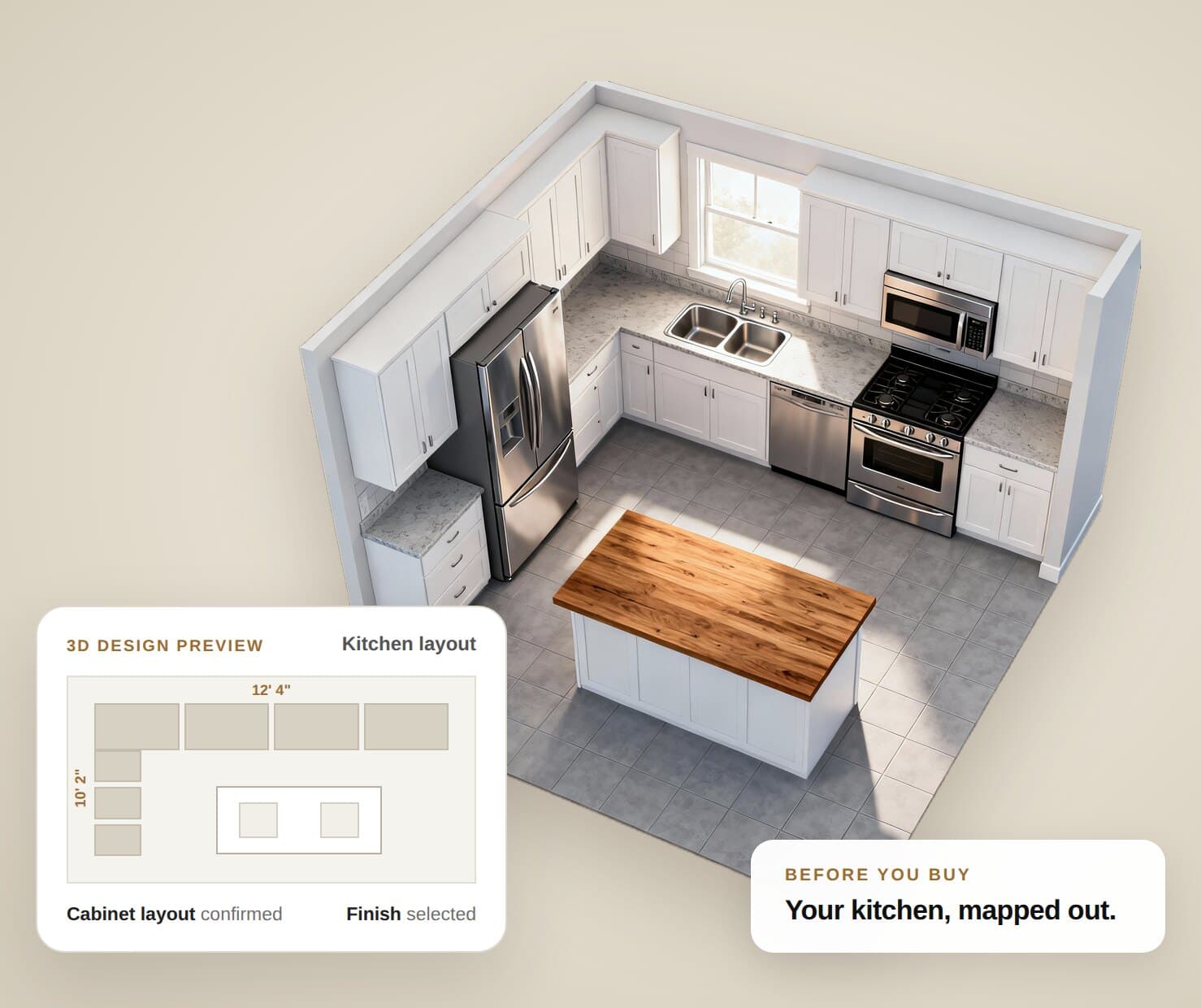 3D render of a white shaker kitchen with a butcher-block island, with the finished plan showing the cabinet layout confirmed
