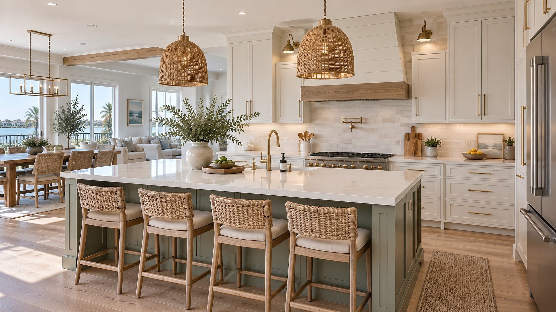 Cream shaker kitchen with a sage green island, woven pendant lights and rattan counter stools, opening onto a dining area with water views