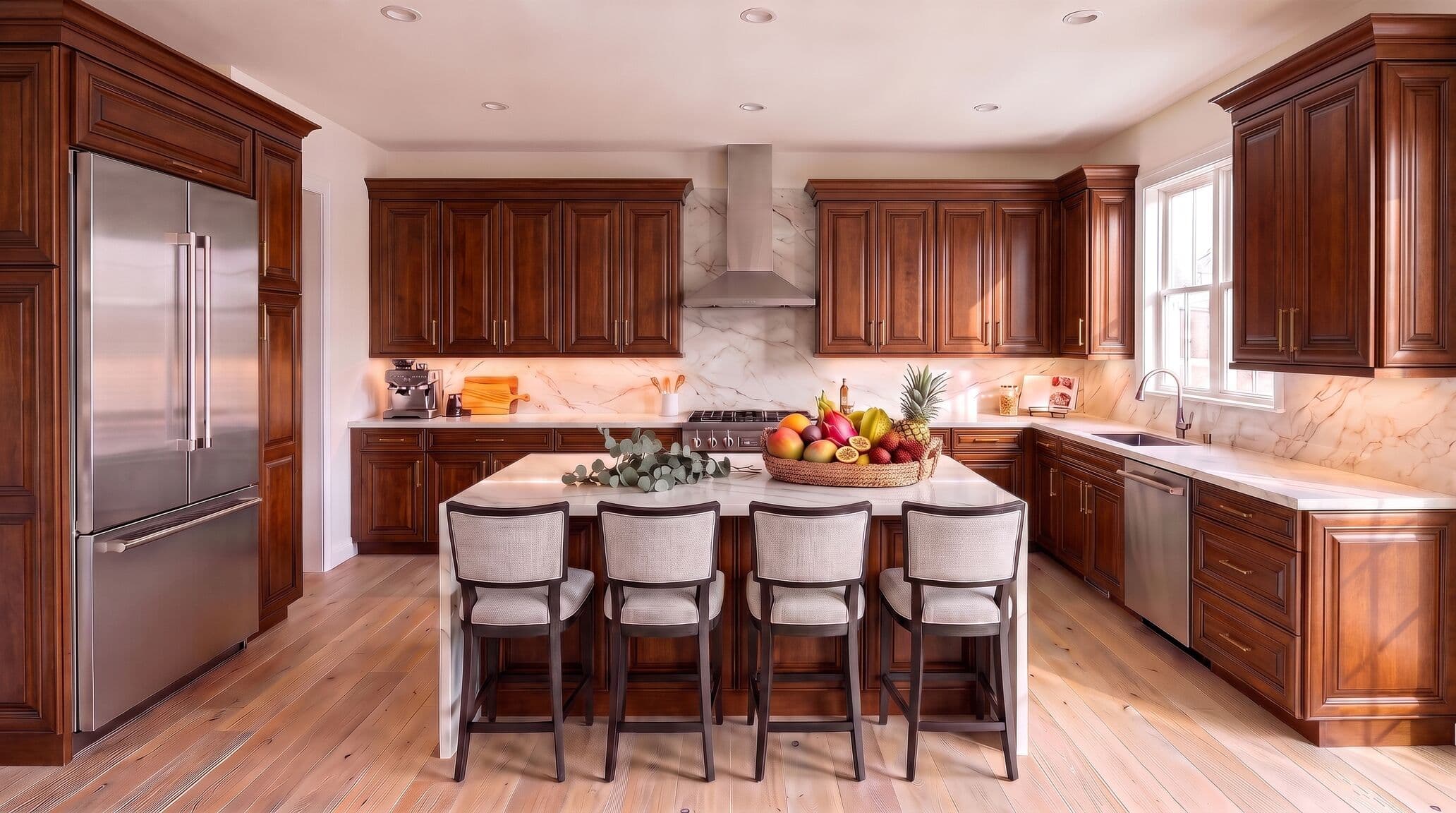 Kitchen with cherry cabinets, island seating and a marble backsplash