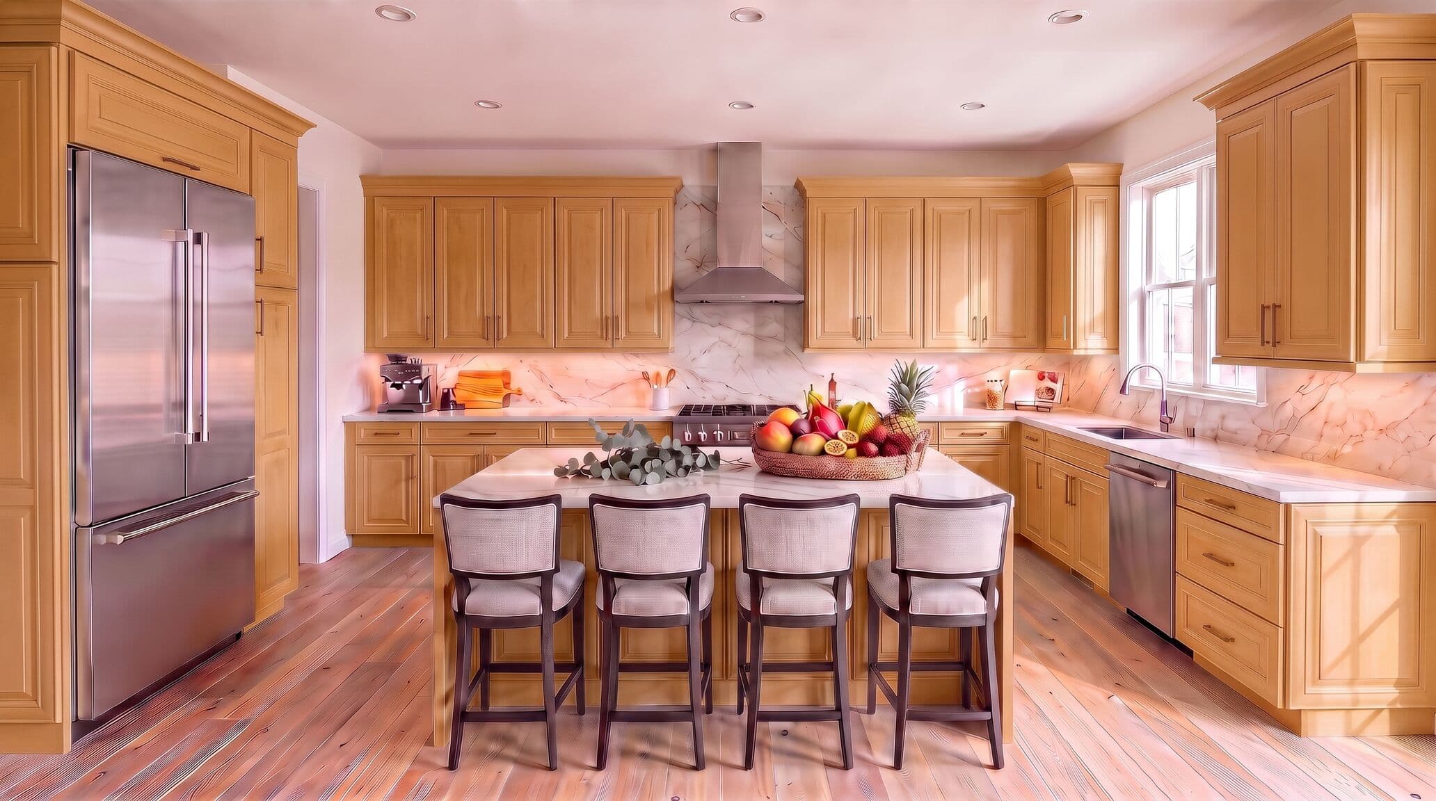 Kitchen with natural maple cabinets, island seating and a marble backsplash