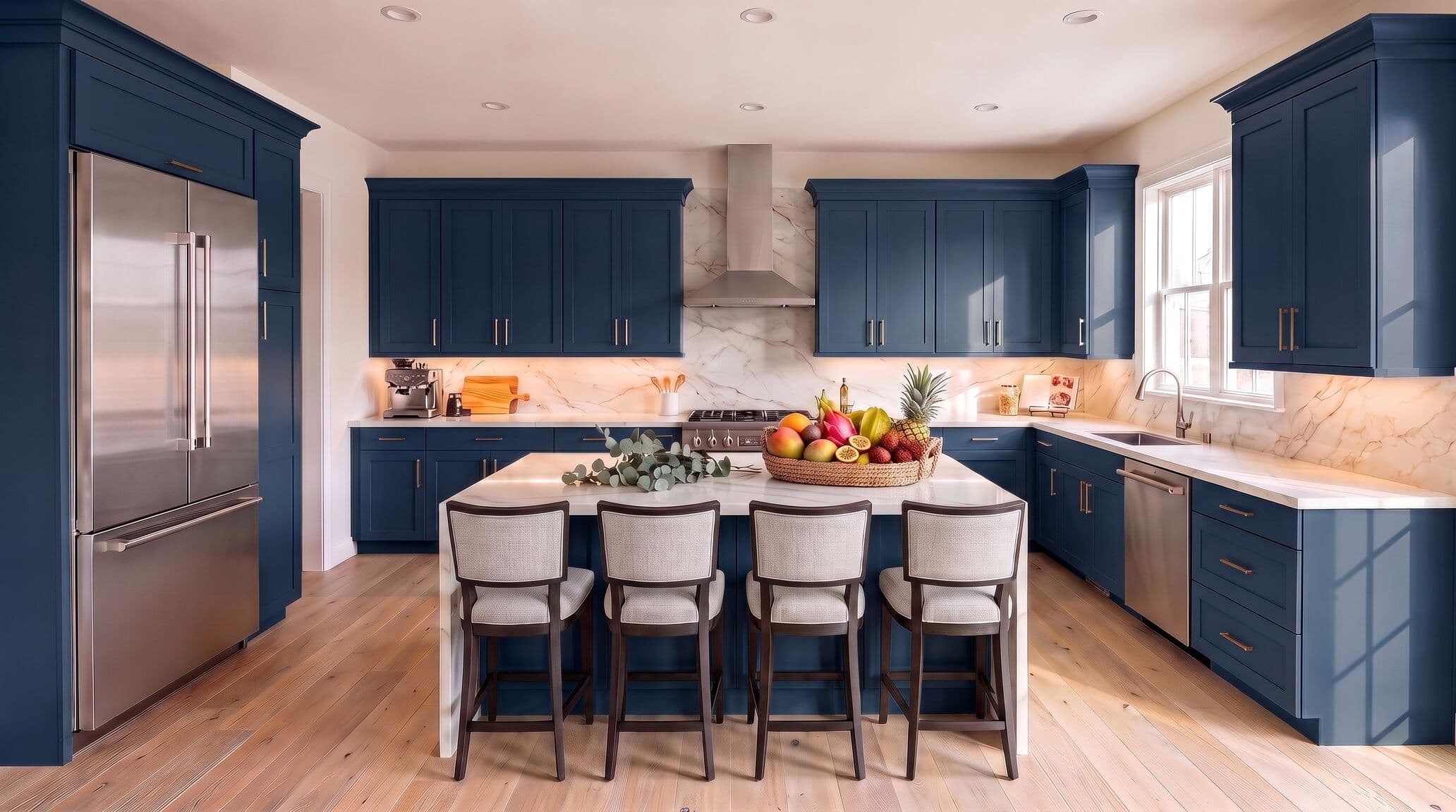 Kitchen with navy cabinets, island seating and a marble backsplash