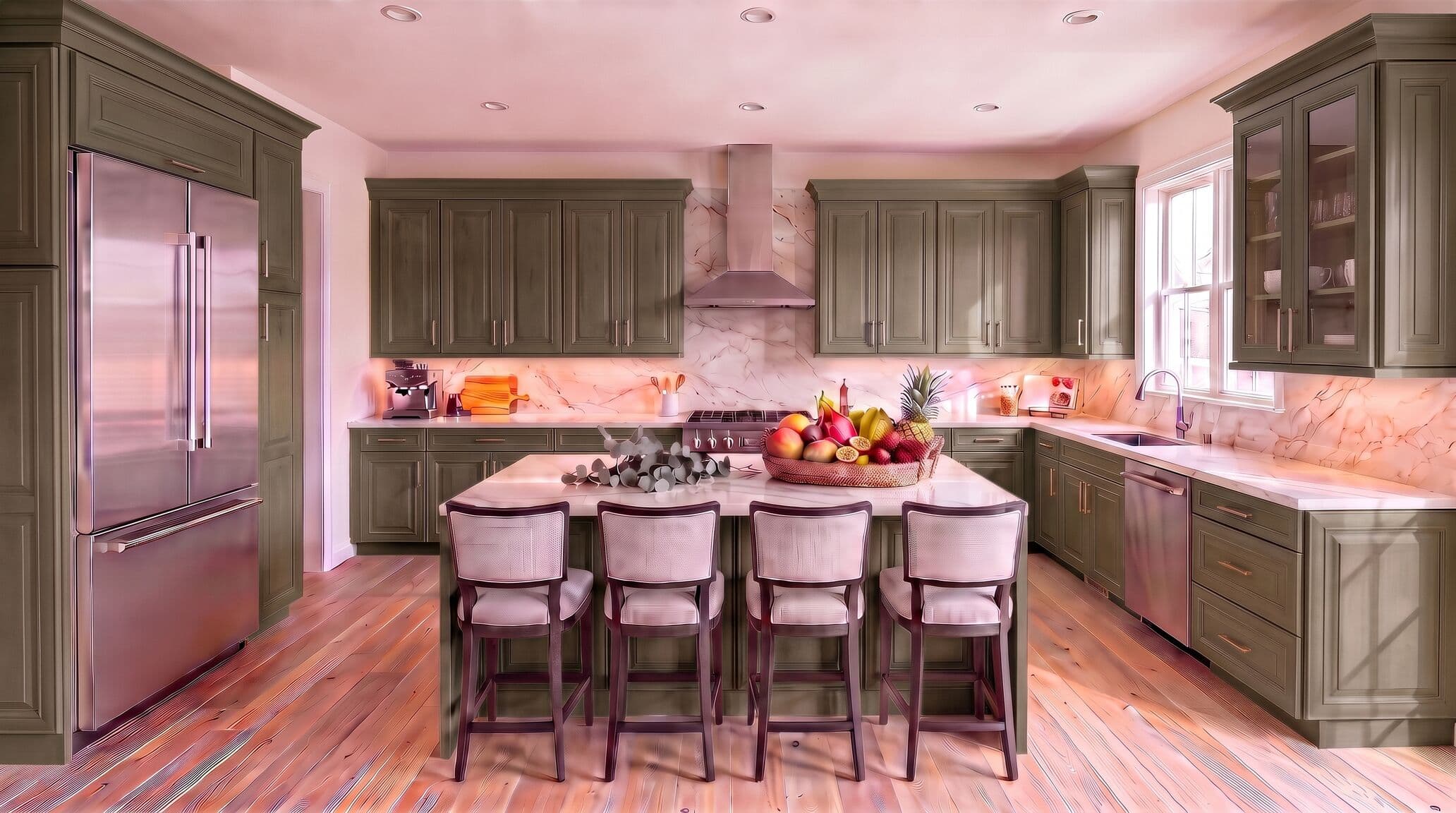 Kitchen with olive green cabinets, island seating and a marble backsplash
