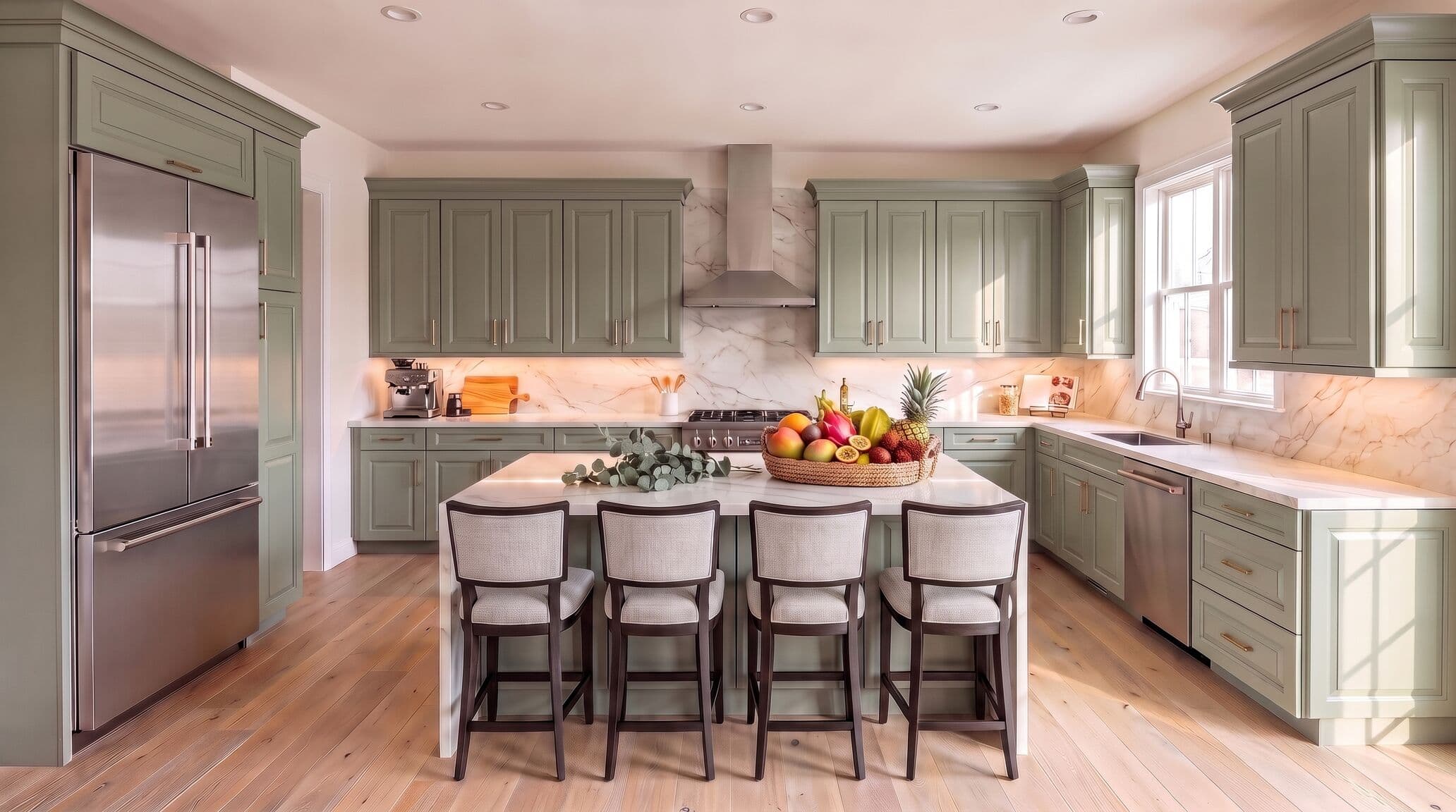 Kitchen with sage green cabinets, island seating and a marble backsplash