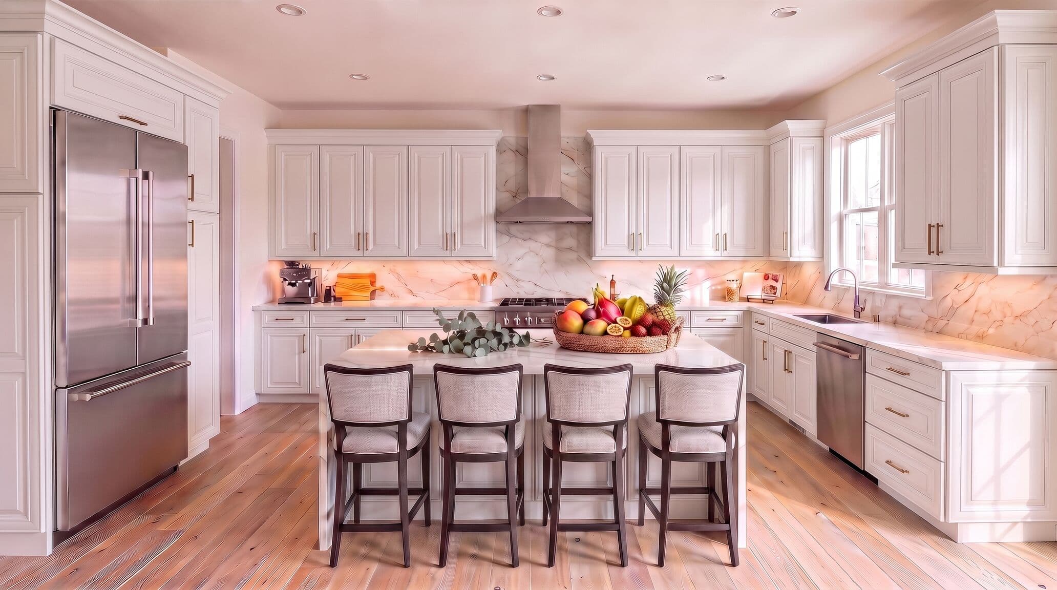 Kitchen with white cabinets, island seating and a marble backsplash
