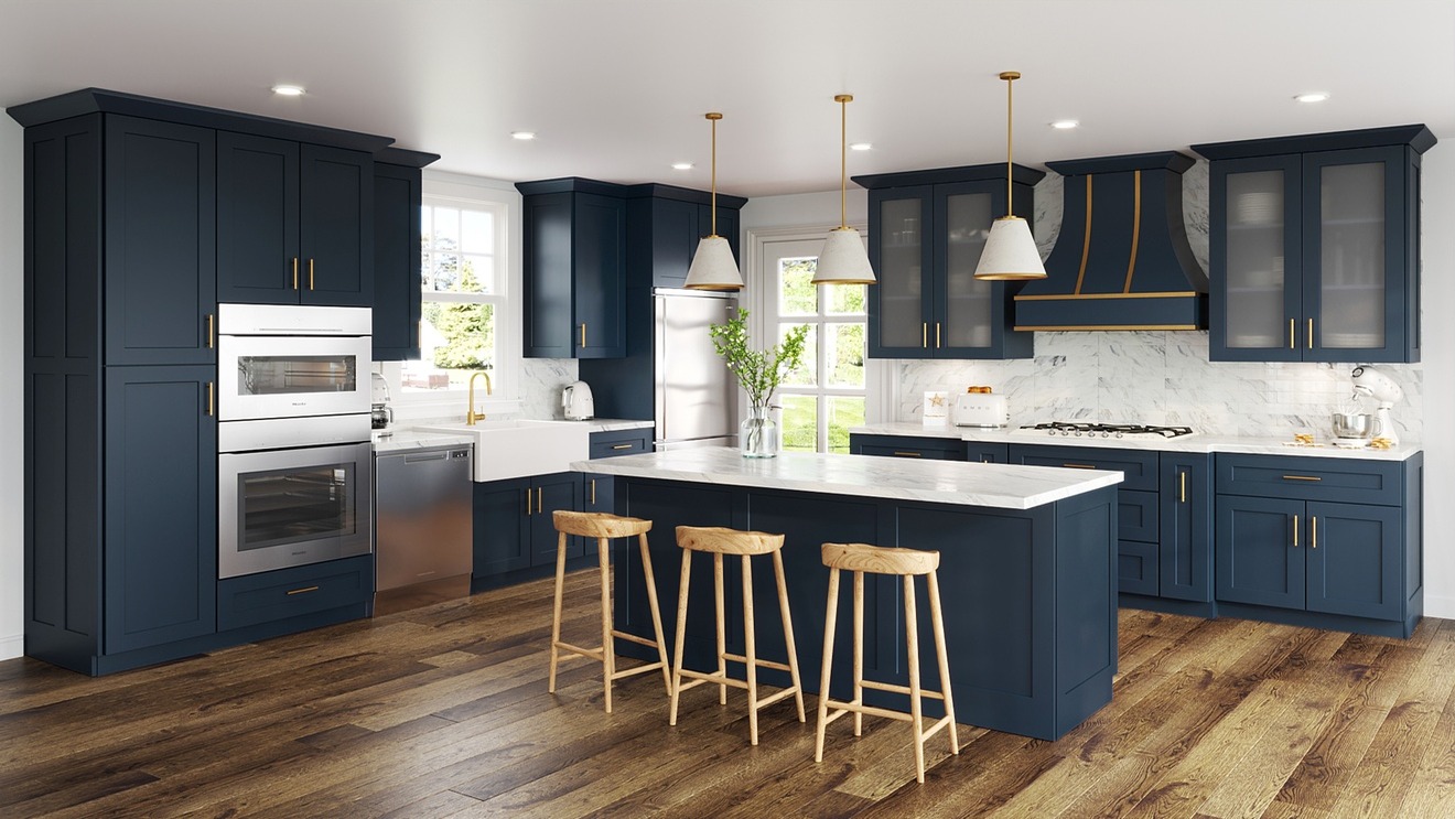 Navy shaker kitchen with a marble-topped island and three stools
